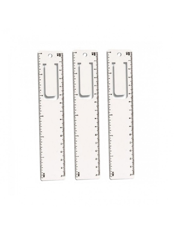 Set 3 bucati, semn de carte, plastic, design rigla, cm si inch, Alb