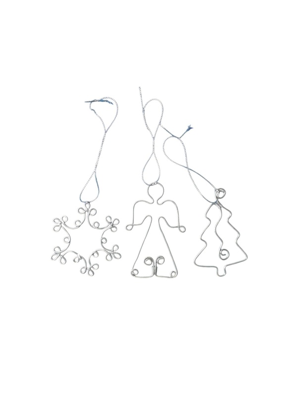 Set 3 Ornamente de Craciun, lucrate manual din fir de cupru, vopsite Argintiu