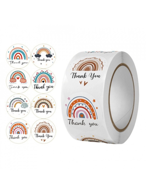 Set 500 de bucati, autocolante Thank You, model curcubeu, diametru 25 mm, multicolor