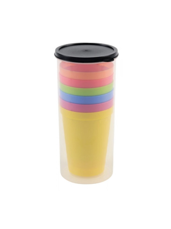 Set 6 pahare din plastic, in tub gradat cu capac, pentru picnic si camping, Multicolor