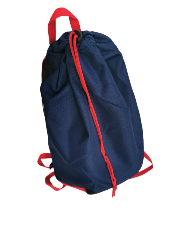 Rucsac Drawstring, cu buzunar lateral, poliester 600D, 44x26x13cm, Bleumarin-Rosu