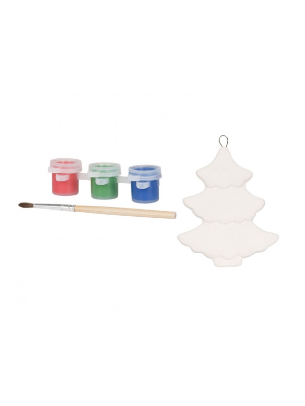 Set de Craciun, Ornamente tip bradut din ceramica cu penson si trei vopsele