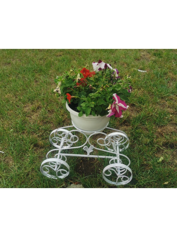 Suport de flori pentru gradina, tip Caleasca, metal brut, 48x25x34 cm, Alb