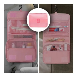 Organizator de cosmetice pentru valiza, compartimentat, cu sistem de agatare, Roz