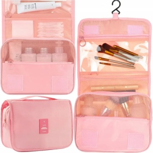 Organizator de cosmetice pentru valiza, compartimentat, cu sistem de agatare, Roz