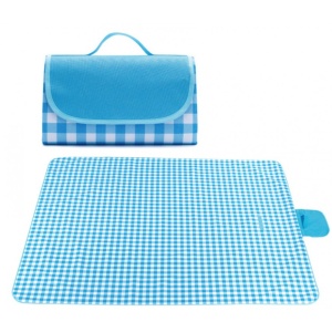 Patura tip Geanta pentru picnic si plaja, izolatie cauciucata, 145x200cm, Model Carouri Albastru