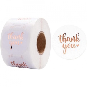 Set 500 de bucati, autocolante Thank You, model Metalizat, diametru 25 mm, Alb