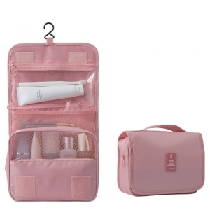 Organizator de cosmetice pentru valiza, compartimentat, cu sistem de agatare, Roz
