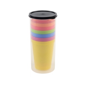 Set 6 pahare din plastic, in tub gradat cu capac, pentru picnic si camping, Multicolor