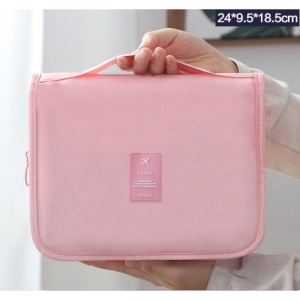 Organizator de cosmetice pentru valiza, compartimentat, cu sistem de agatare, Roz