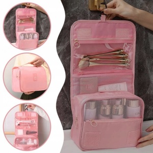 Organizator de cosmetice pentru valiza, compartimentat, cu sistem de agatare, Roz
