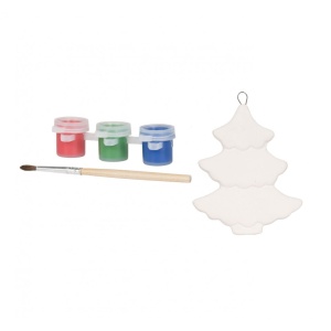 Set de Craciun, Ornamente tip bradut din ceramica cu penson si trei vopsele