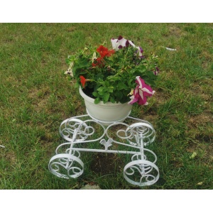 Suport de flori pentru gradina, tip Caleasca, metal brut, 48x25x34 cm, Alb