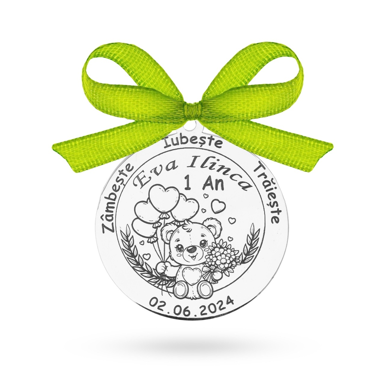 Banut argint 2.5cm pentru botez - mot - turta personalizabil - teddy bear