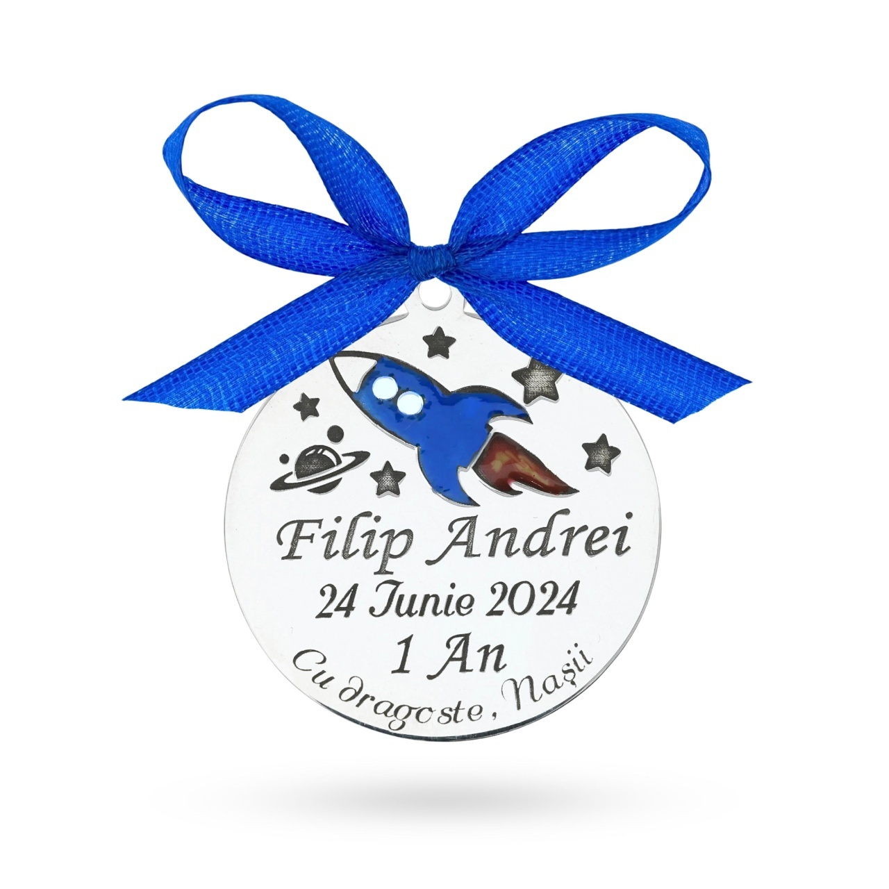 Banut color din argint 2.5cm pentru botez - mot - turta personalizabil