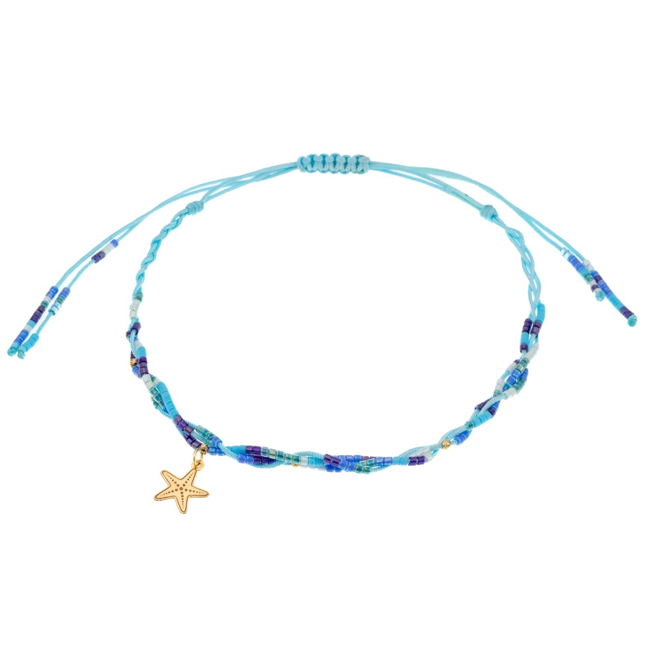 Brățara reglabila pentru picior / glezna cu miyuki , steluta de mare si bilute din aur 14k