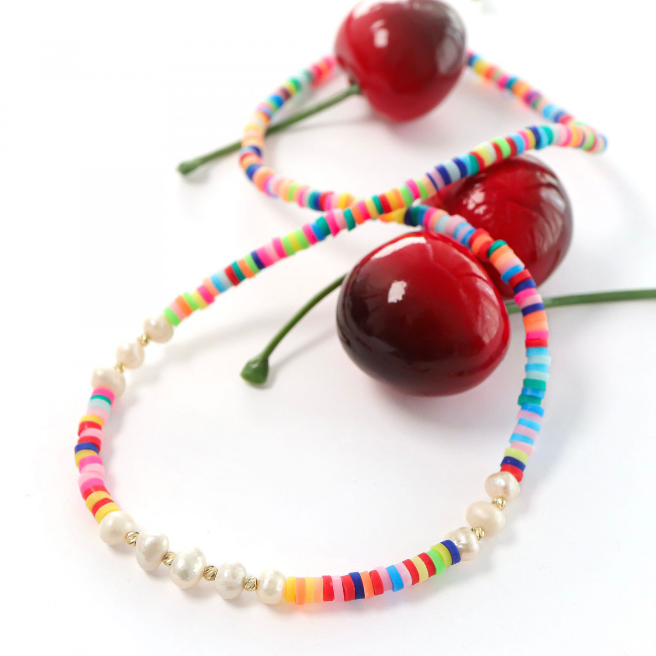 Colier joy mix mărgele fimo, perle de cultura si 8 bilute din aur 14k