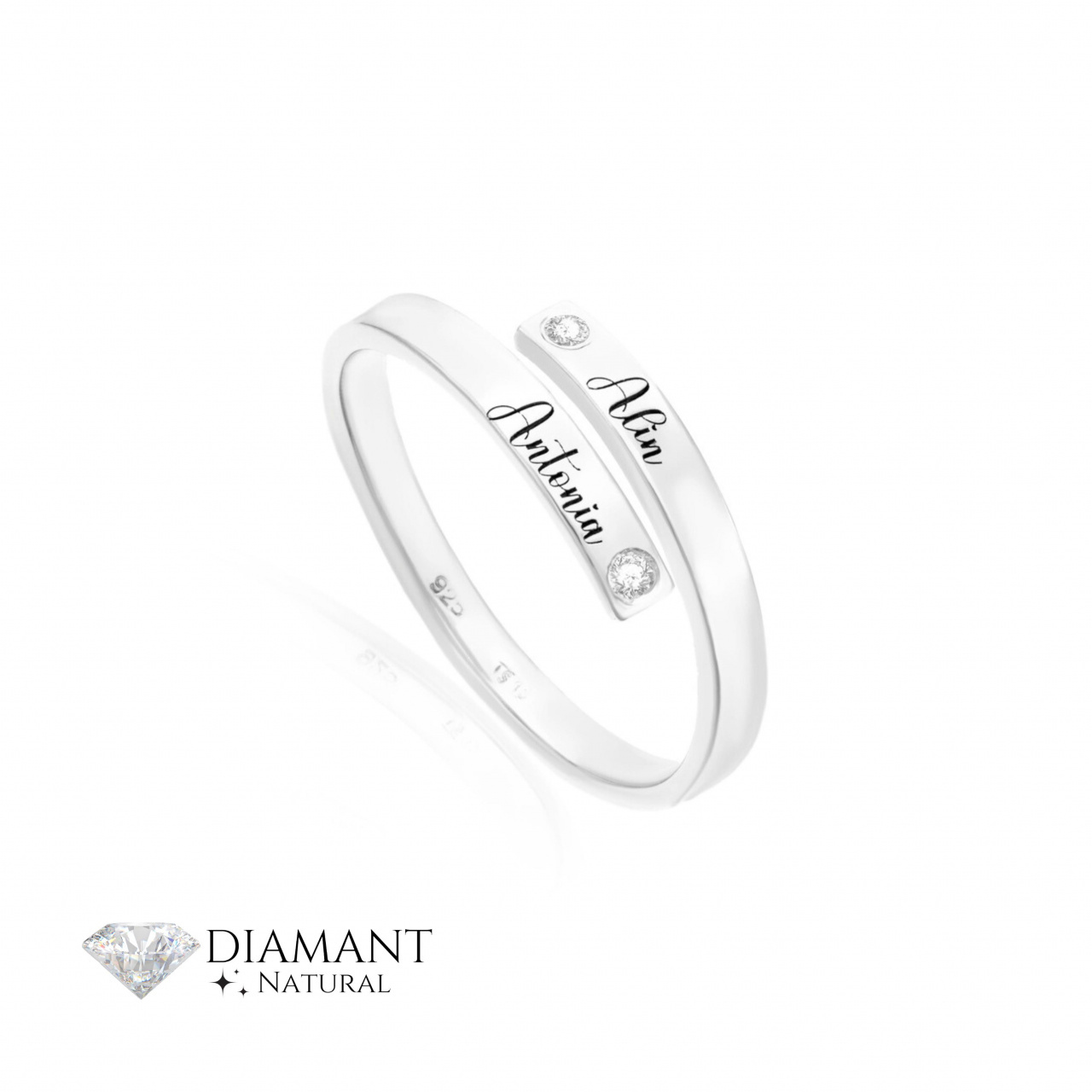 Inel din argint personalizat cu nume si diamante naturale
