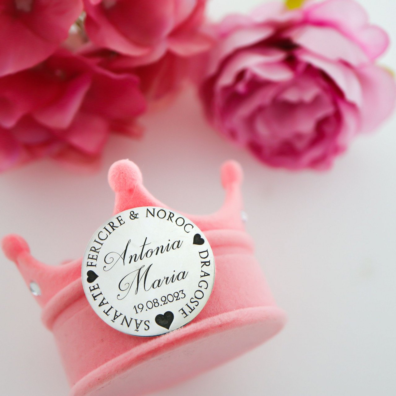 Moneda botez 3cm din argint 925 personalizata cu numele copilului si data