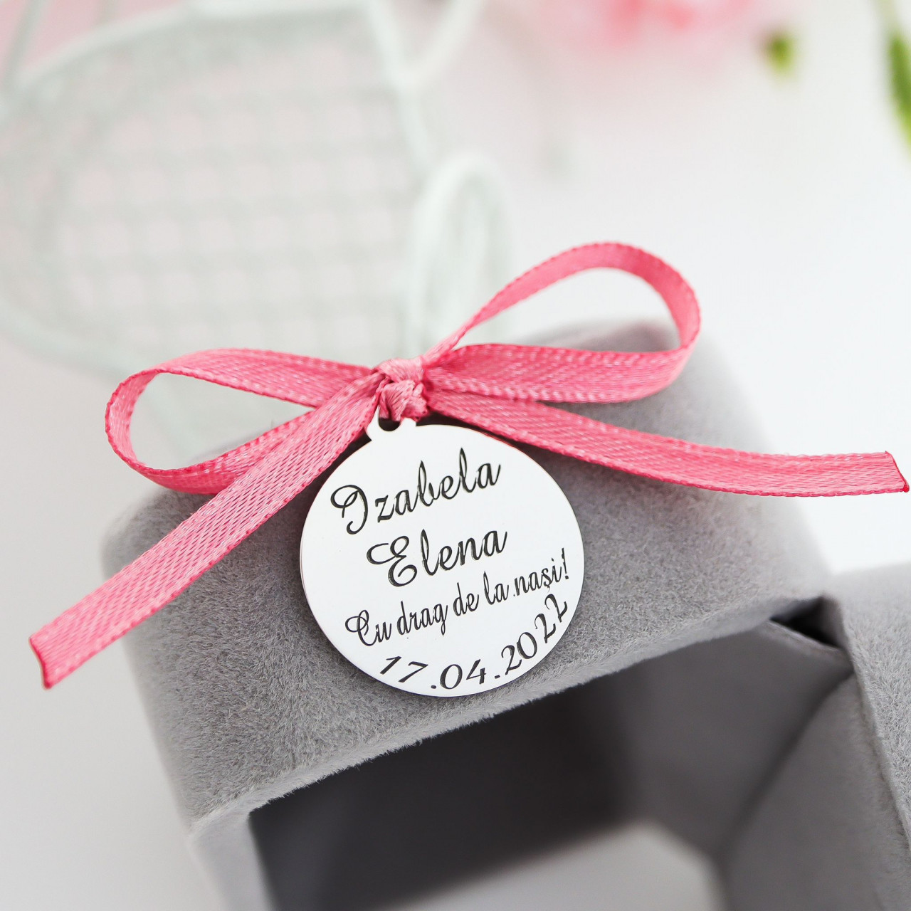 Banut argint 2cm pentru botez - mot - scaldat - personalizabil text