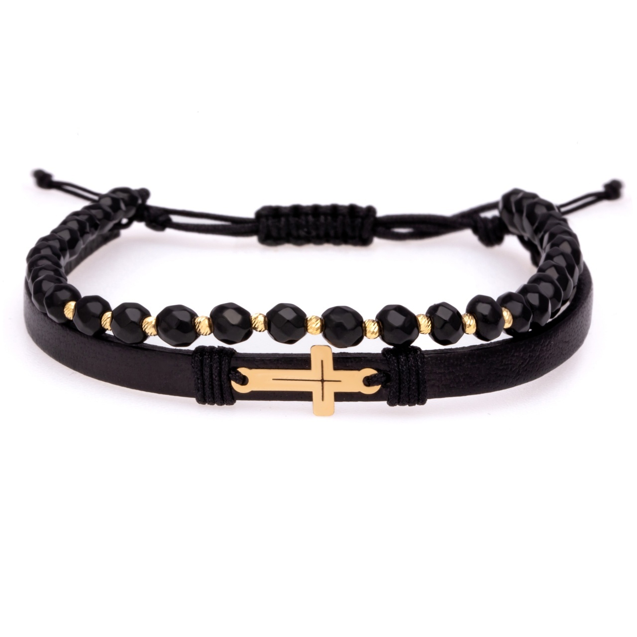 Set Bratara 2 in 1 cu piele si cruciulita din aur + onix si 10 bile din aur 14K