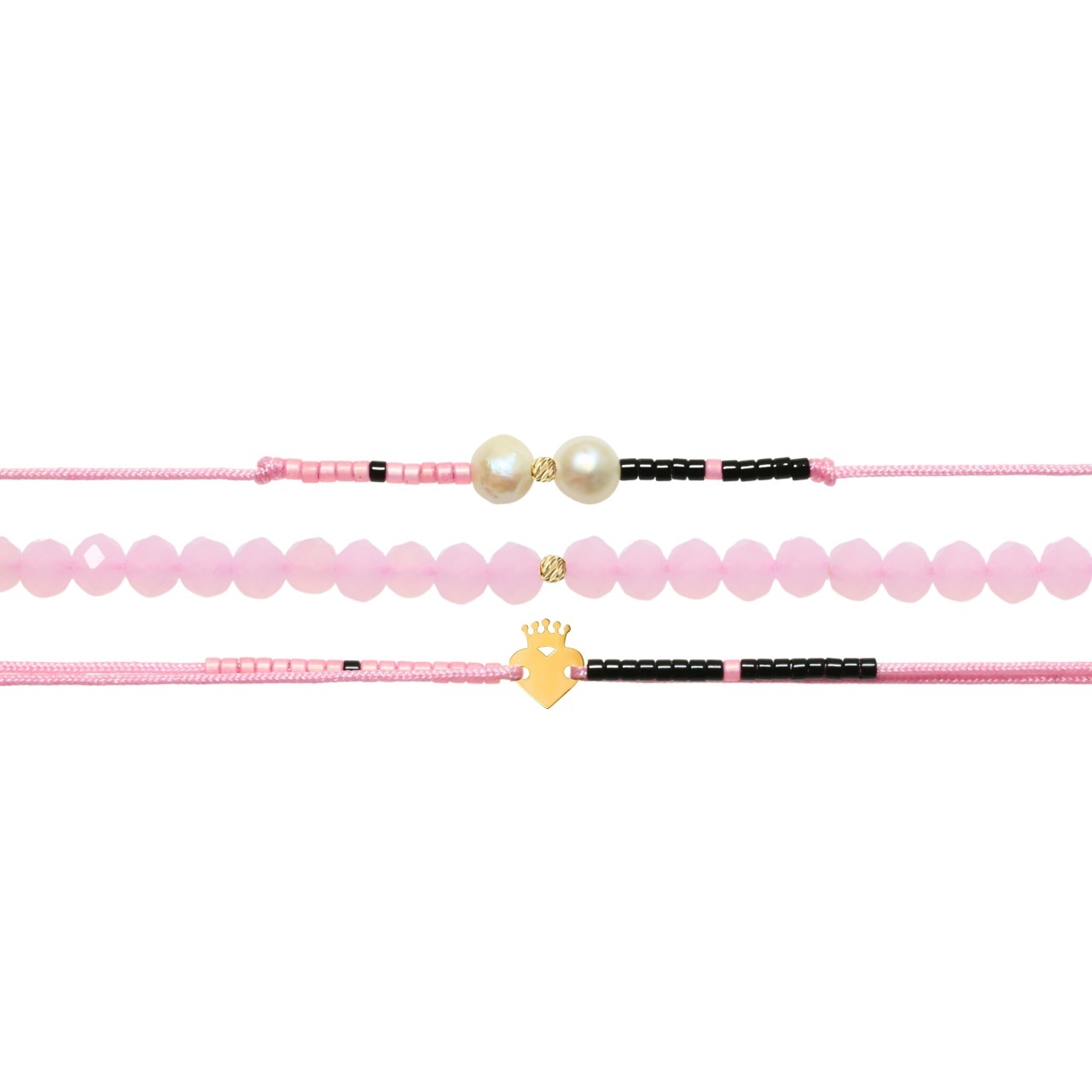 Set PROMO 3 bratari cu snur & cristale + bilute si inimioara cu coronita din aur 14k