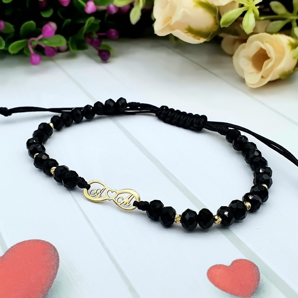 Bratara infinit cu initiale la alegere, cristale si bilute aur 14k