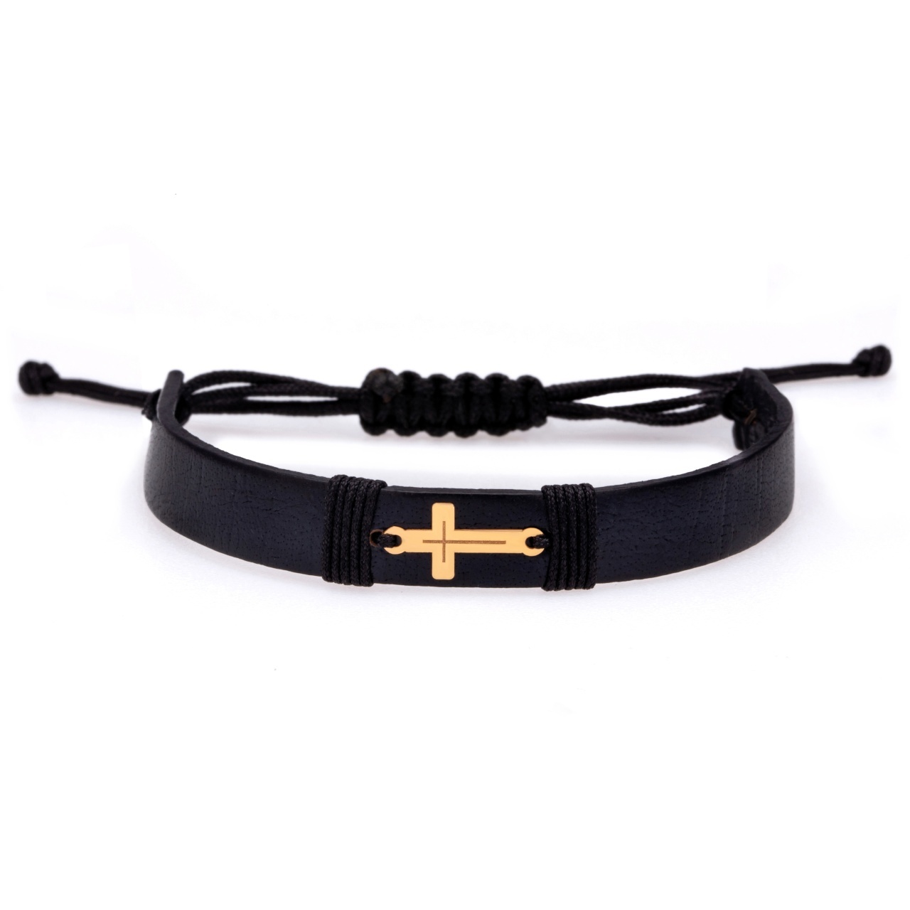 Bratara piele si cruciulita cu insertie din aur 14k