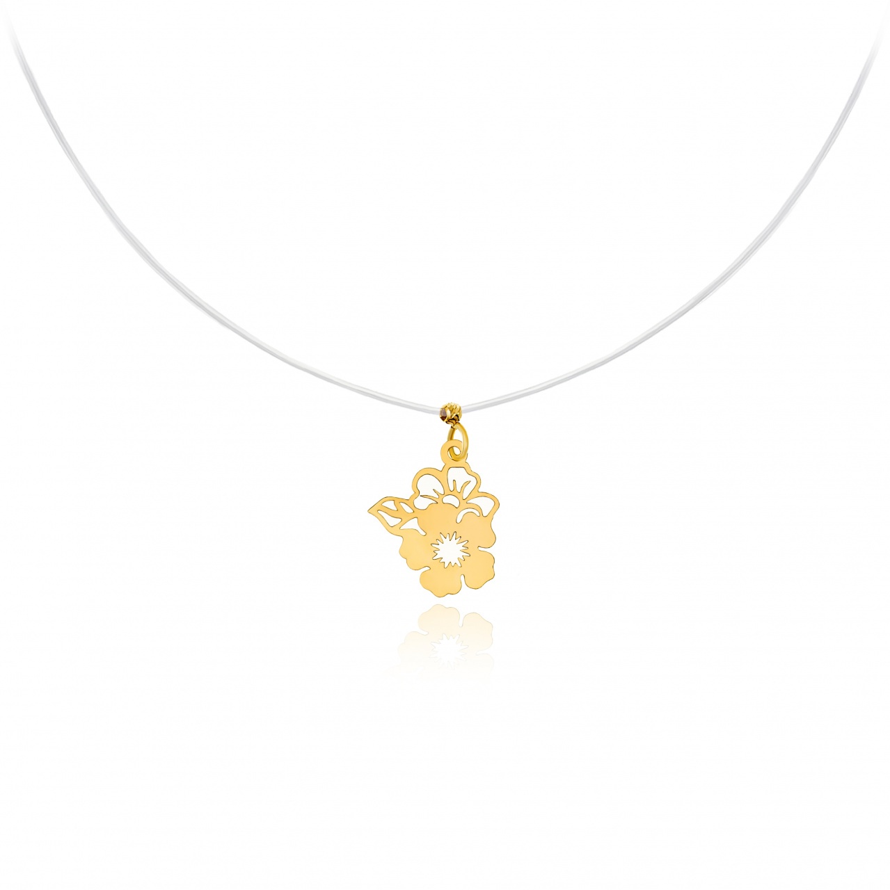 Colier cu fir transparent si floricele din aur 14k