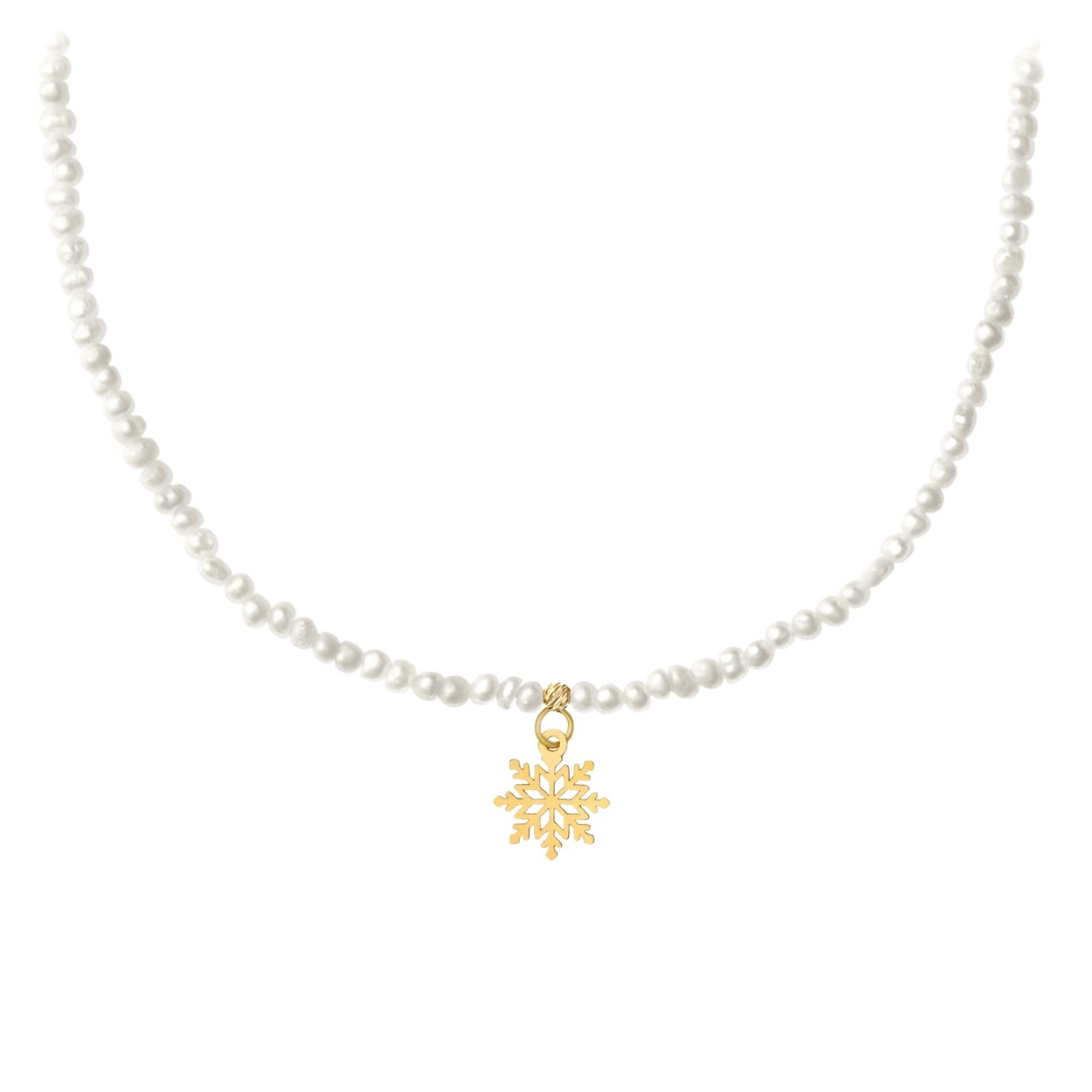 Colier let it snow cu perle de cultură diametru 2-2.5mm și fulg de nea din aur 14k