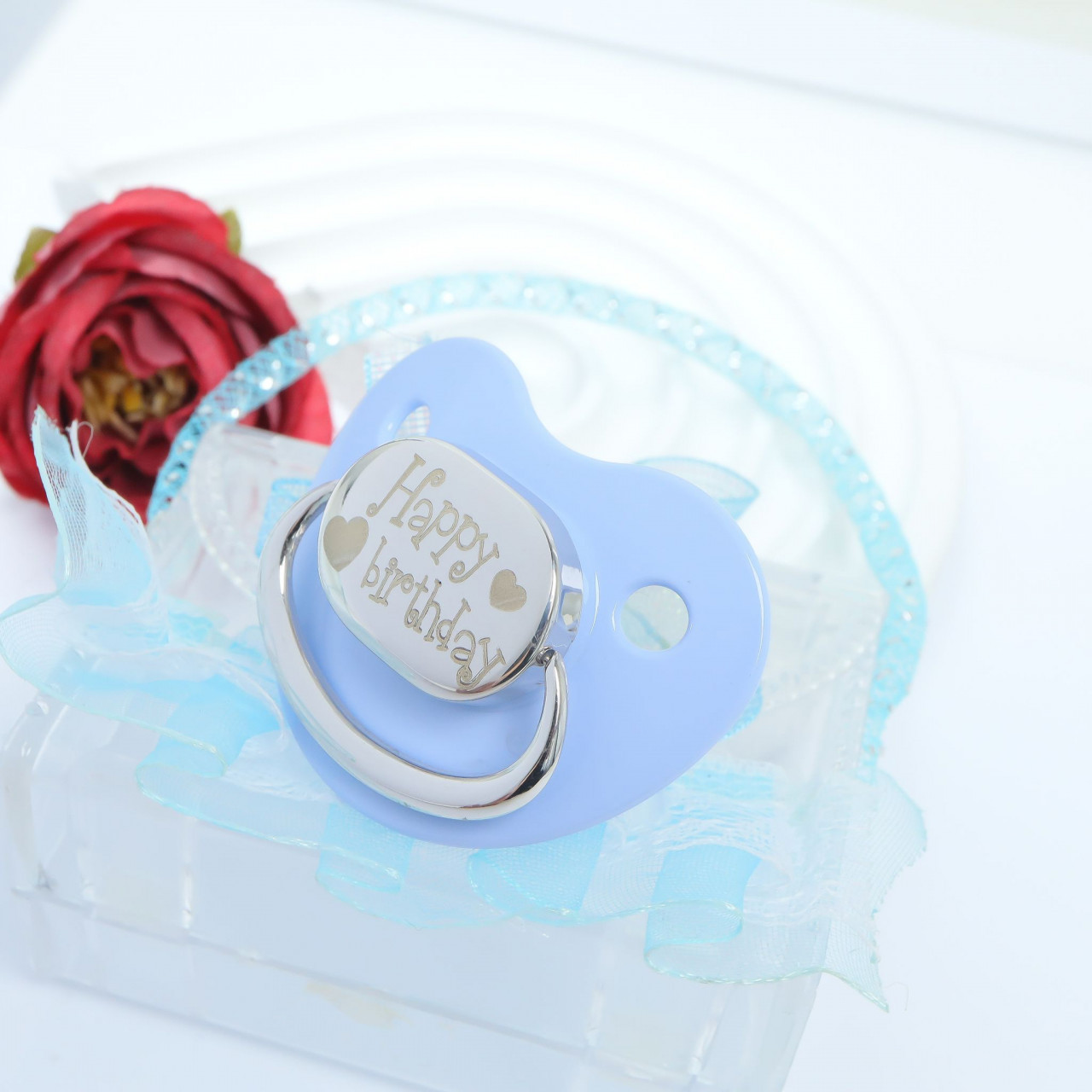 Suzeta happy birthday din argint - pentru baietei