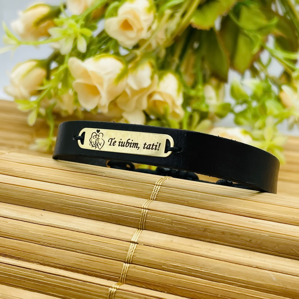 Bratara piele si placuta din aur 14k personalizabila Te iubim Tati !