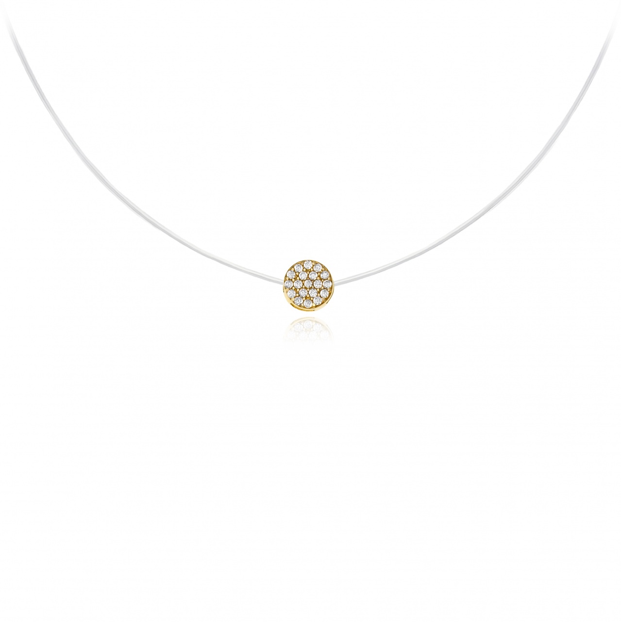 Colier cu fir transparent si Disc din AUR 14K cu Cristale