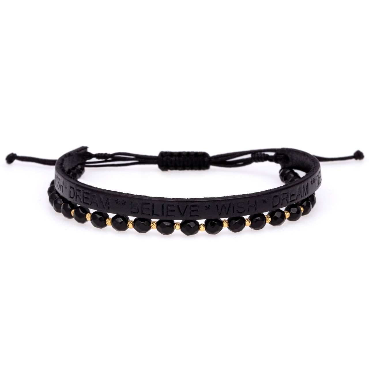 Brățara cu piele embosata dream wish believe + 20 bilute de 2 mm si onix