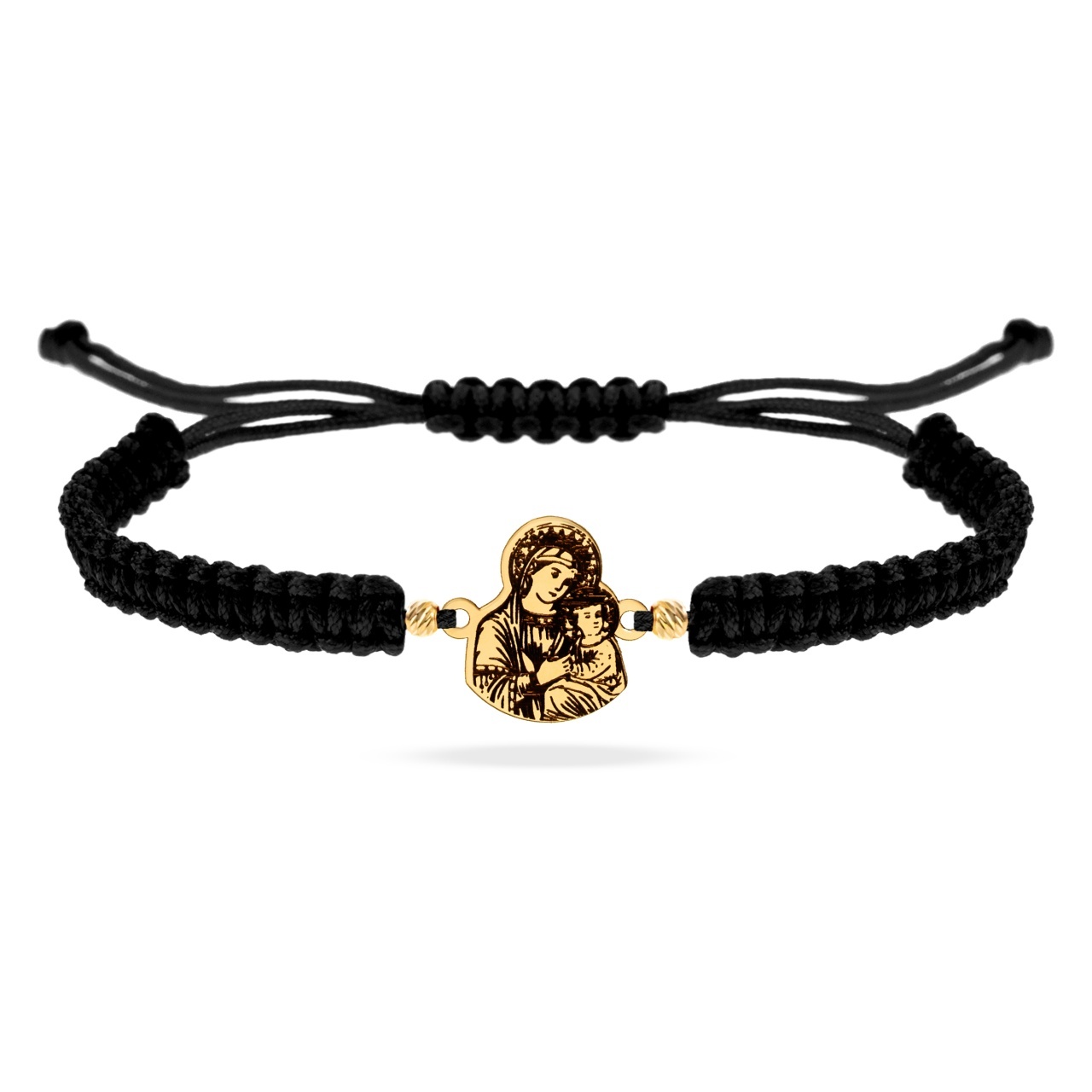 Bratara cu snur si iconita Fecioara Maria si Pruncul din aur 14k