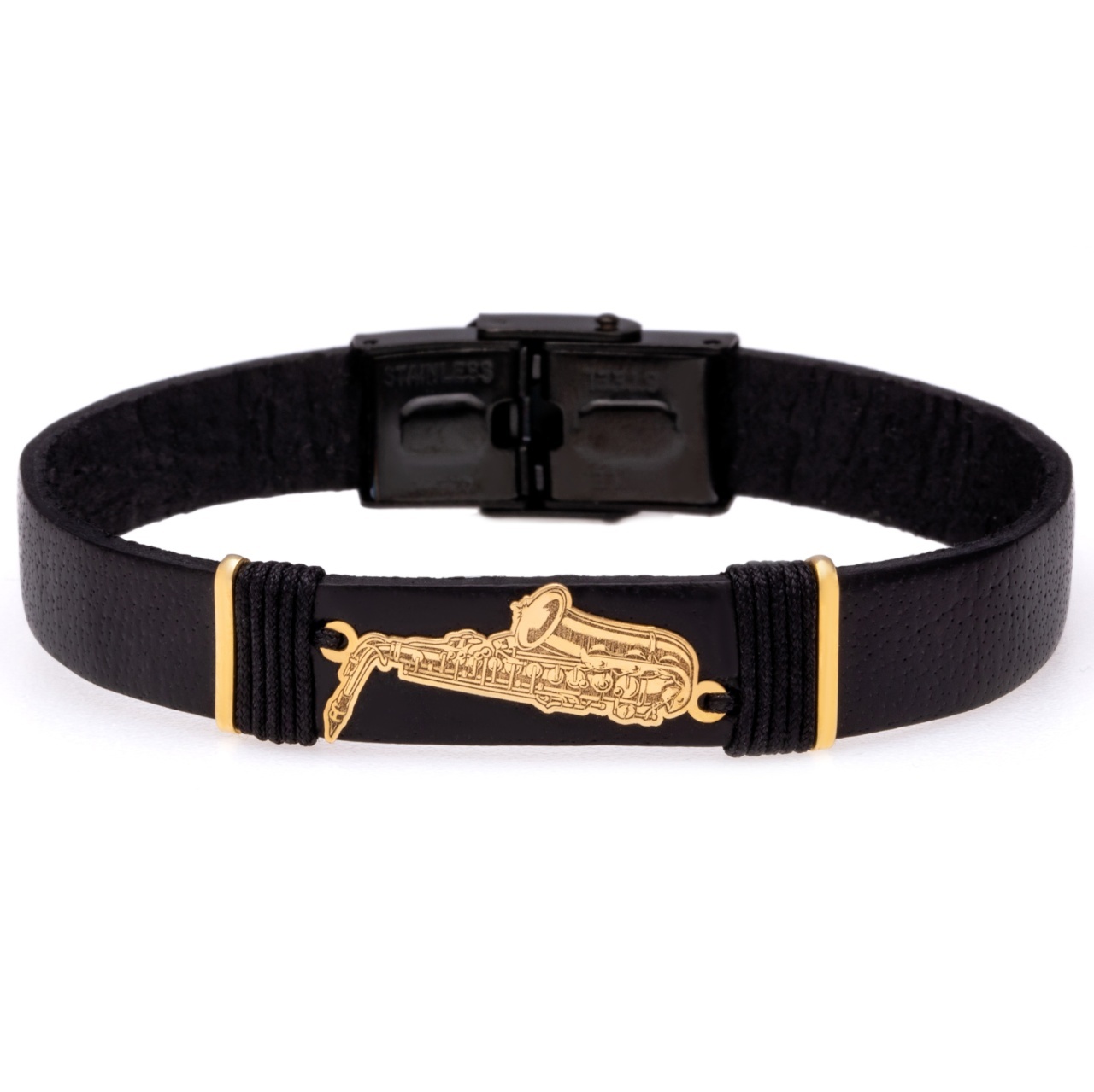 Brățară sax cu piele si saxofon din aur 14k