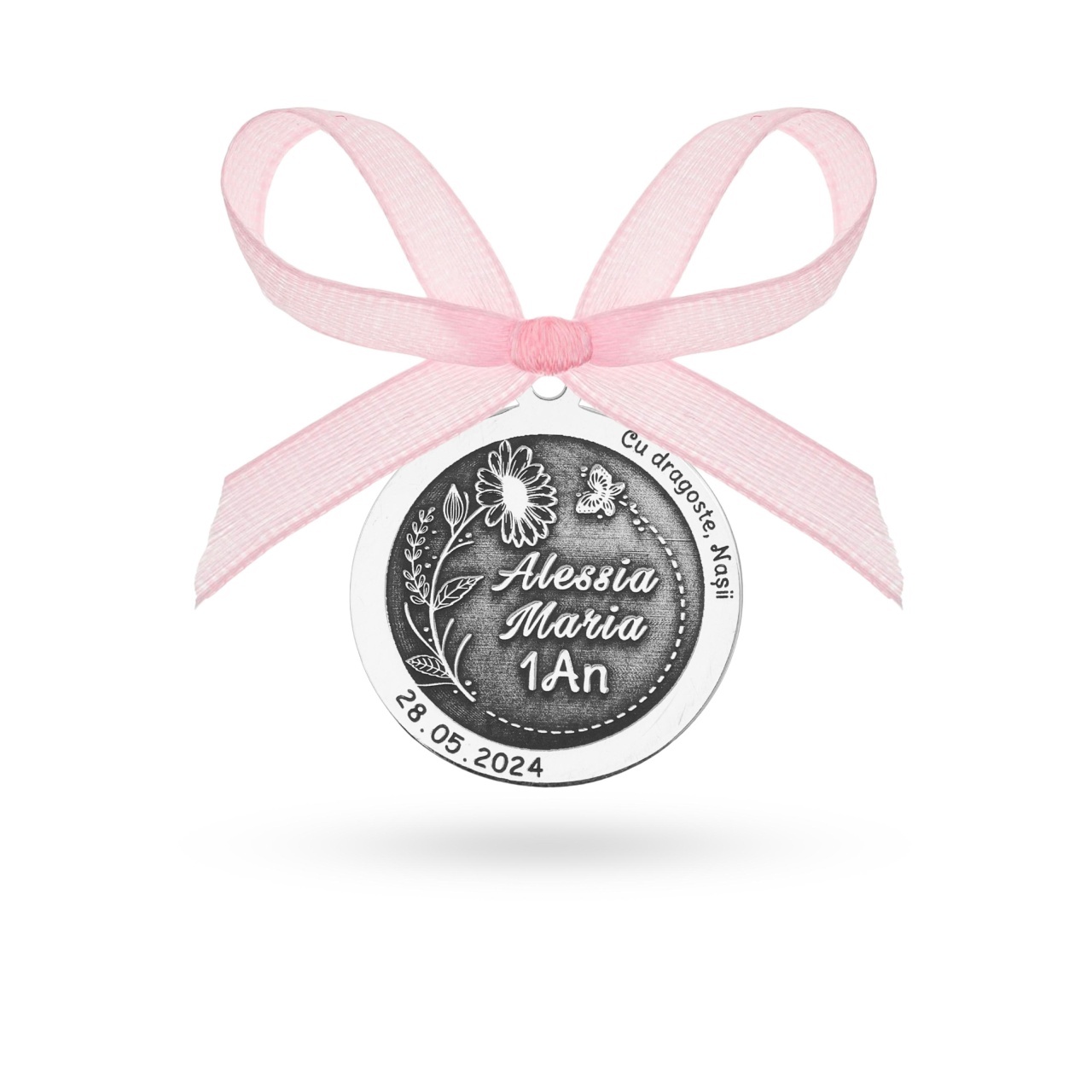 Banut argint 1.8cm pentru botez - mot - turta personalizabil gravura 3d