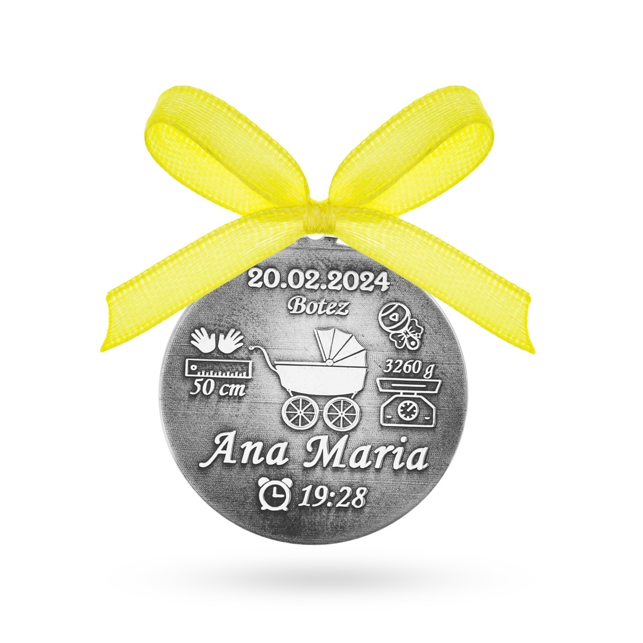 Banut argint 2.5cm pentru botez - mot - cu personalizare 3d baby