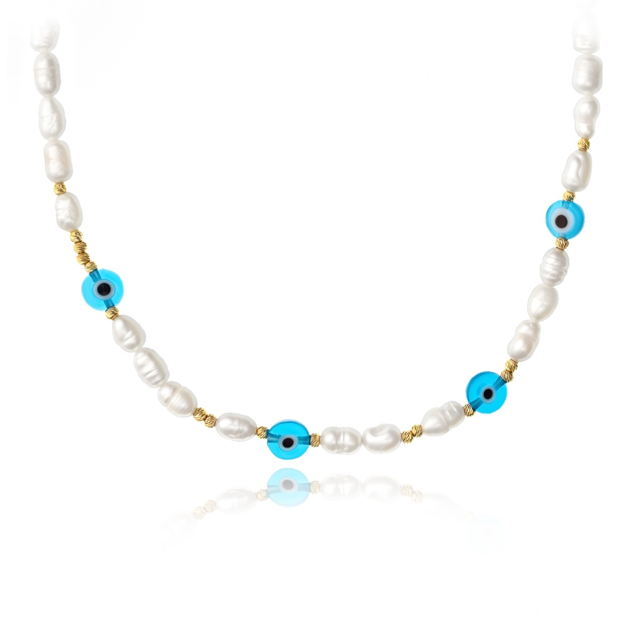Colier Talisman cu perle de cultură, ochi de deochi si bile din aur 14K