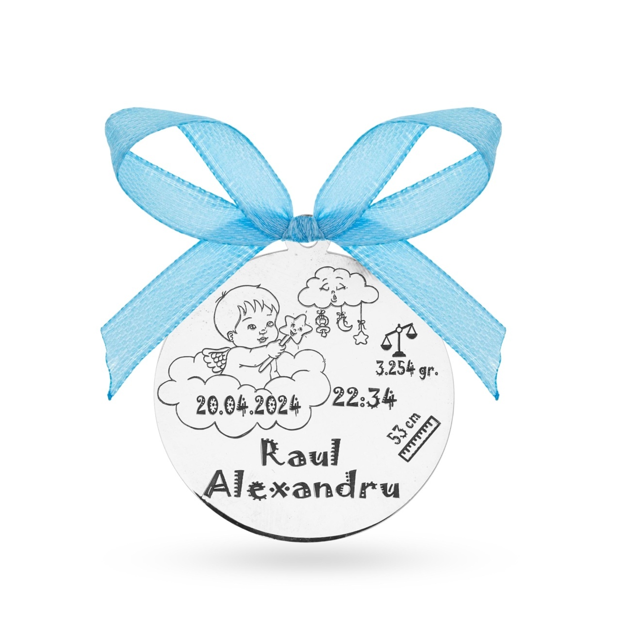 Banut argint 2.5cm pentru botez - mot - turta personalizabil - baby angelique