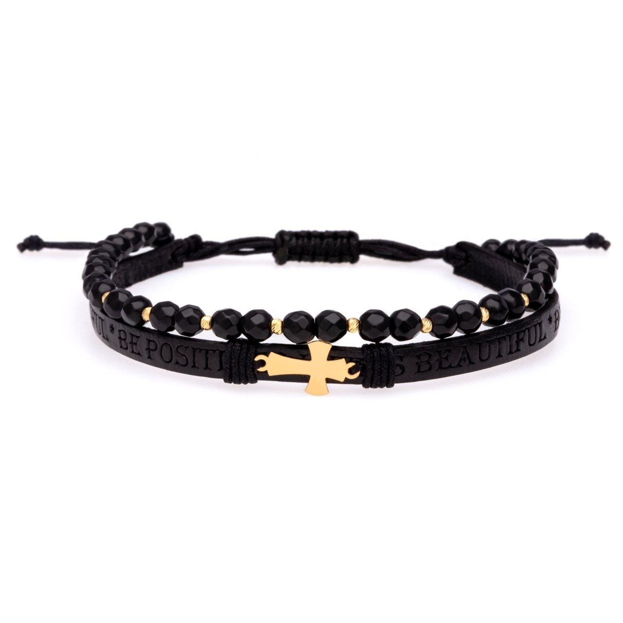 Brățara 2 in 1 cu piele embosata text, cruciulita aur si onix + bilute