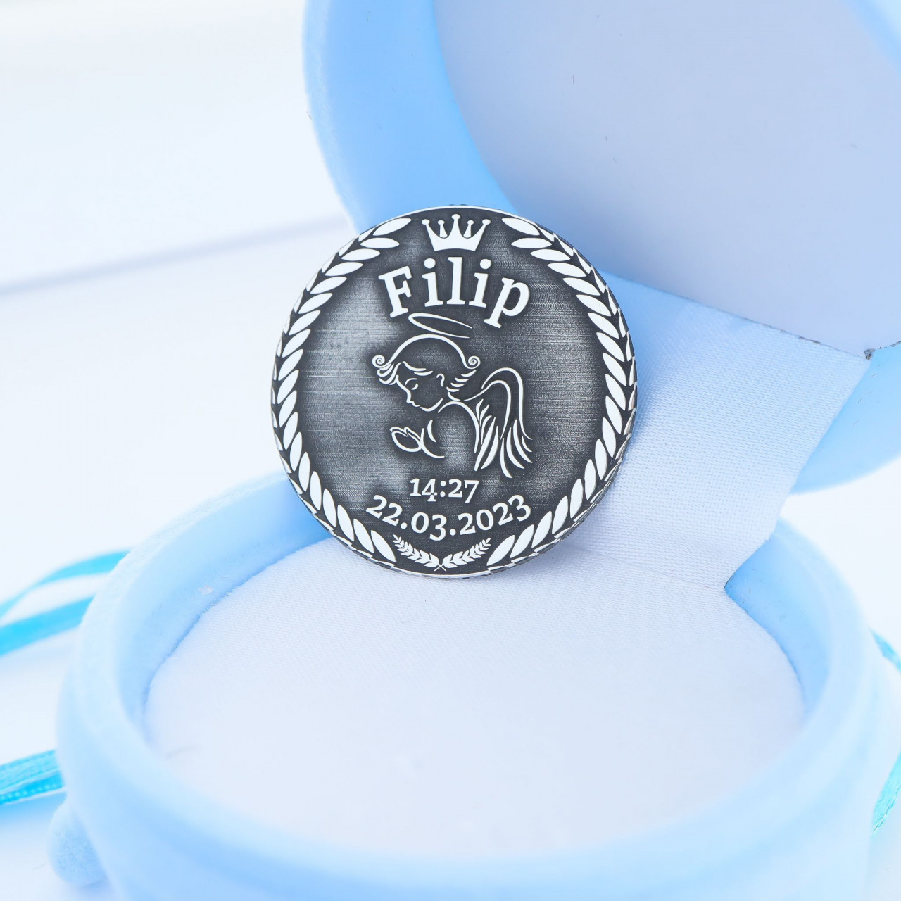 Moneda botez 3cm din argint 925 personalizata cu numele si data