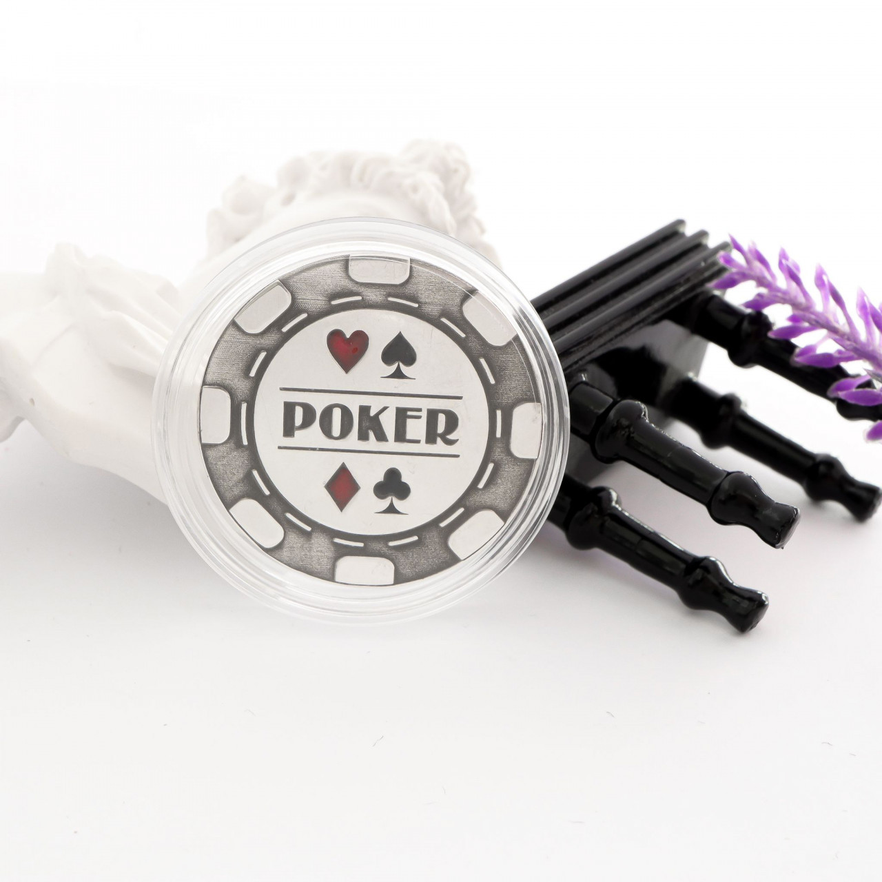 Moneda poker din argint 3cm - gravura 3d fata&verso in capsula plastic