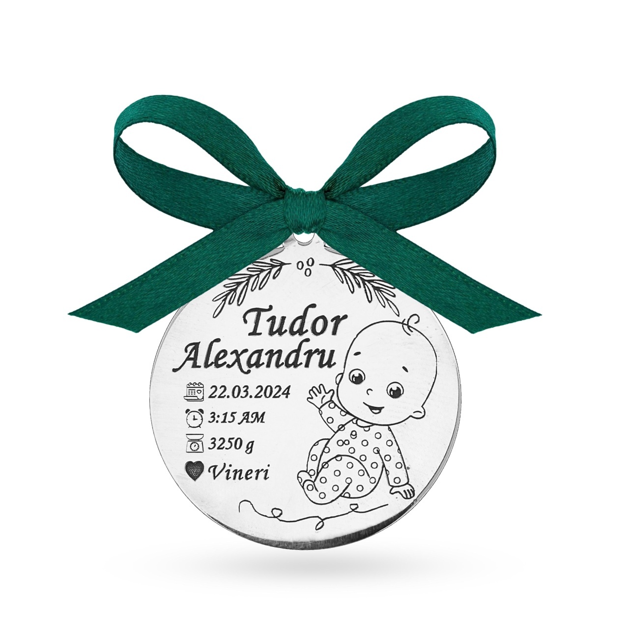 Banut argint 2.5cm pentru botez - mot - turta personalizabil - baby rapsody