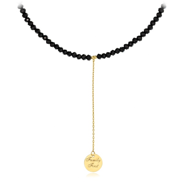 Colier snur cu cristale + banut 10mm gravat si lantisor din aur 14k