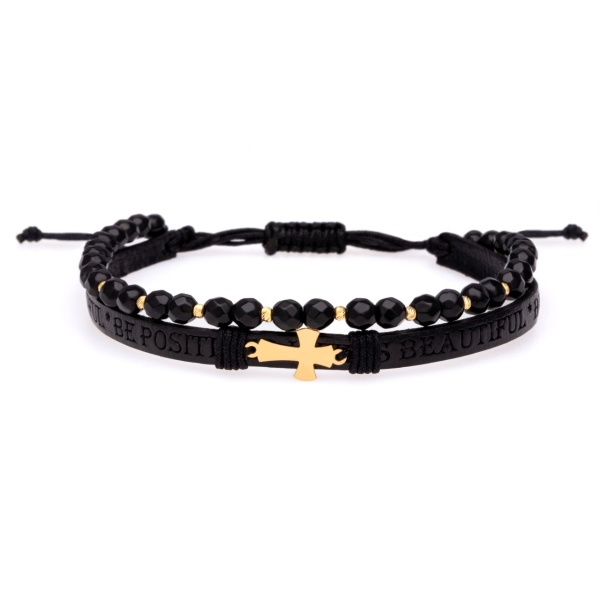 Brățara 2 in 1 cu piele embosata text, cruciulita Aur si Onix + bilute