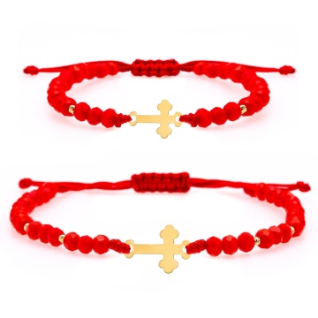 Set 2 Bratari mama si copil cu snur si cruciulita 1cm & 1.2cm din aur 14k + bilute