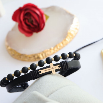 Set Bratara 2 in 1 cu piele si cruciulita din aur + onix si 10 bile din aur 14K - Img 3