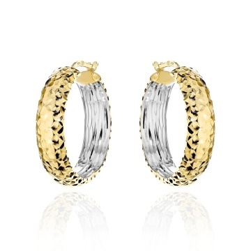 Cercei Aur 14K Rotunzi Diamantați Cu Bară Lată - Două Culori