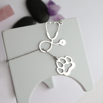 Colier din argint cu stetoscop si labuta catel/pisica - pentru medic/asistenta veterinar - Img 4